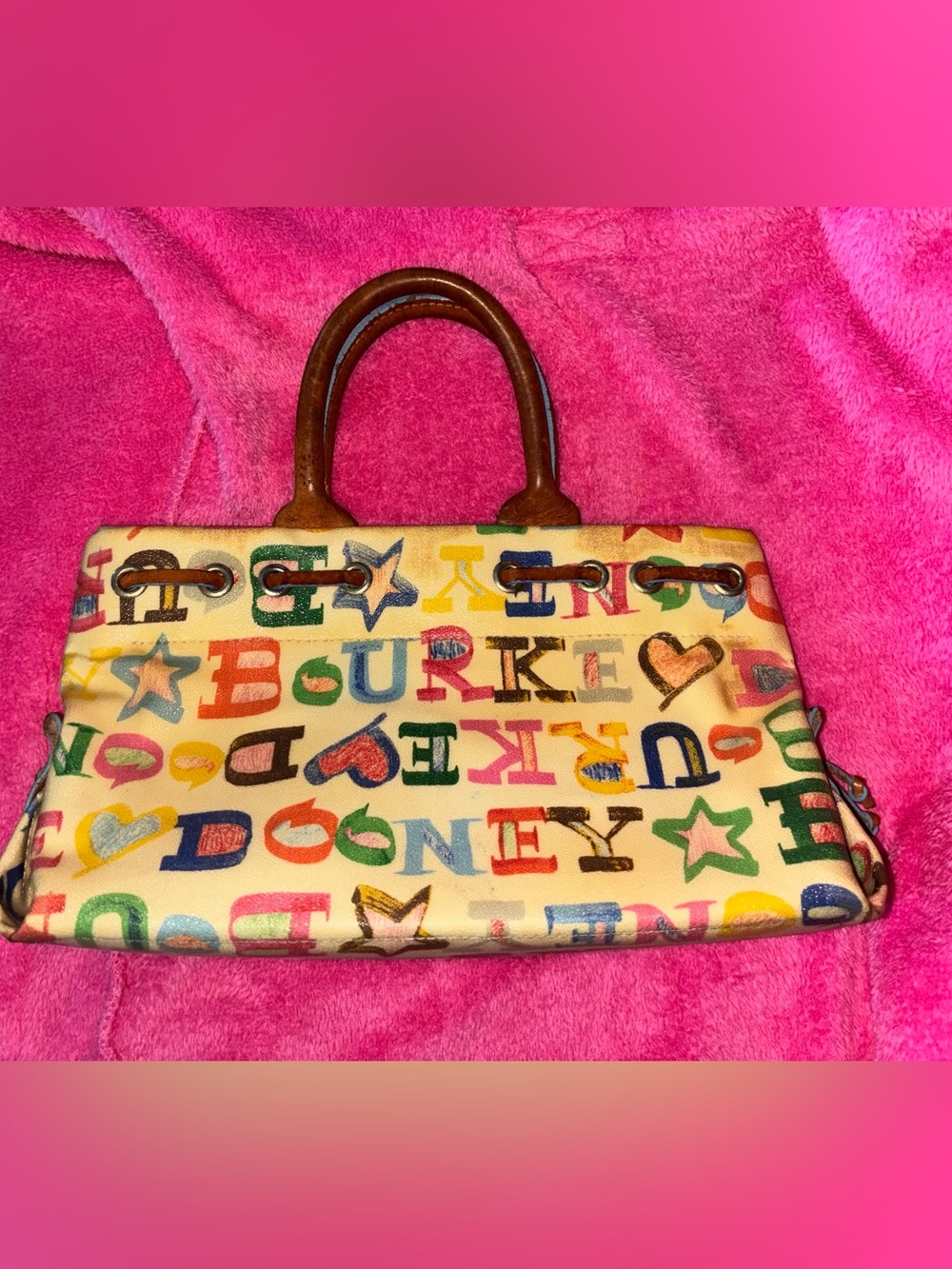 Vintage Dooney and Bourke Multicolor Alphabet Print Tote Bag with Tan Handles
